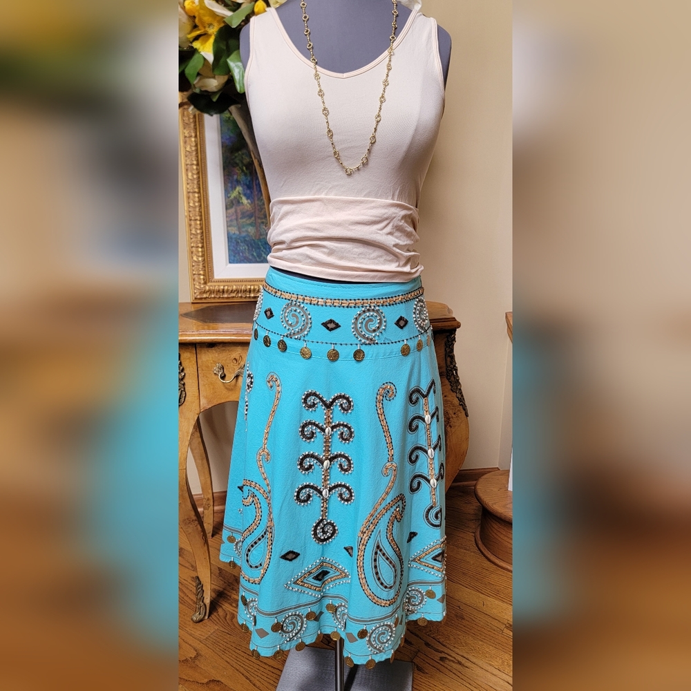 BASIL & MAUDE TURQUOISE BEADED COIN SHELL EMBELLISHED FLARE SKIRT COTTON BLEND 6